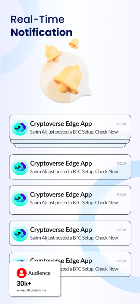 Cryptoverse Edge - Mobile Bildschirmansicht mit Echtzeit-Krypto-Handelsbenachrichtigungen für BTC-Setups von der Cryptoverse Edge App