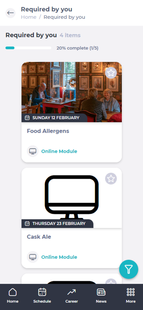 Mapal One - Mapal One app screen showing required learning modules like food allergens and cask ale for hospitality workers