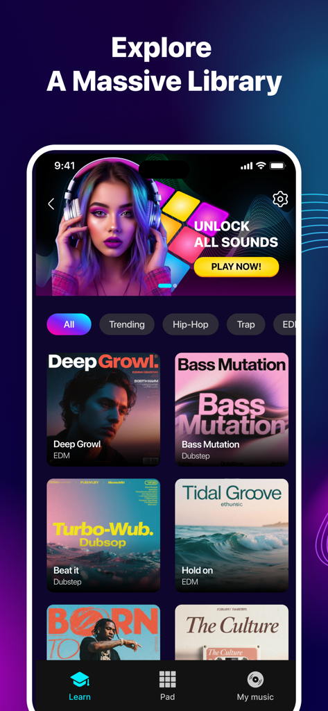 Music Pads: Beat Maker Machine - Screenshot of the Music Pads app showing a library of various music sound packs and genre categories like Hip Hop and EDM