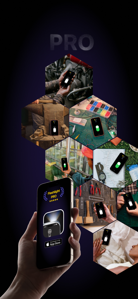 Smart Torch MultiTool - Collage promotionnel de l'application Smart Torch MultiTool montrant divers cas d'utilisation, y compris les réparations de bricolage, le camping, la navigation et l'éclairage de chevet