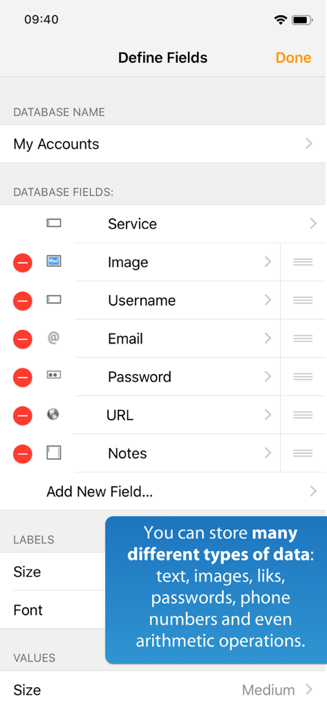 iDatabase - Screen for defining custom fields like images and passwords in the iDatabase mobile app