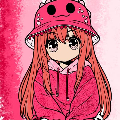 girl with anime shaped eyes with a dinosaur bucket hat oversized sweatshirt long straight hair