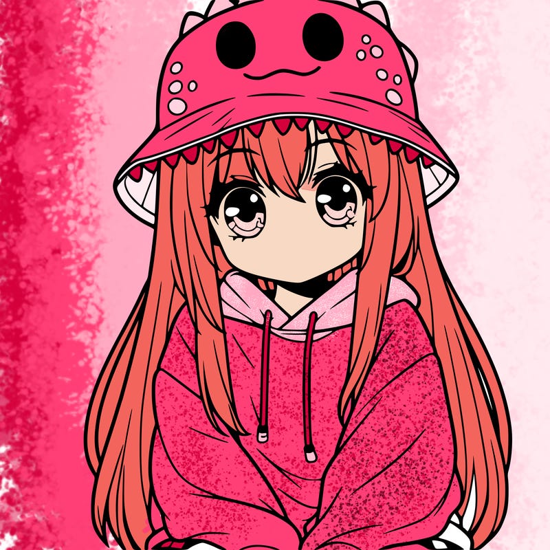 girl with anime shaped eyes with a dinosaur bucket hat oversized sweatshirt long straight hair