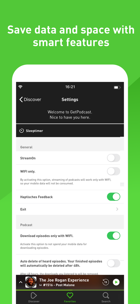 GetPodcast - Podcast Player - GetPodcast-App-Einstellungen-Bildschirm mit Speicher- und Datensparfunktionen wie Downloads nur über WLAN und automatischer Löschung.