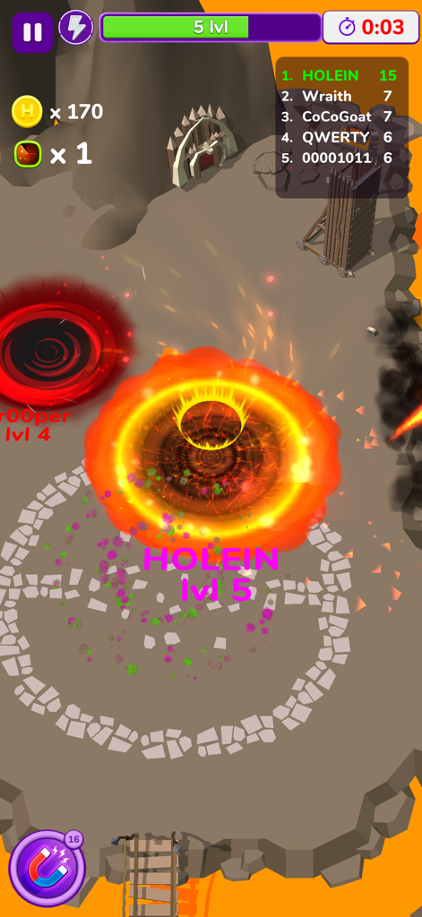 Holein. hole io blackhole game - A large fiery black hole at level five in a rocky arena during gameplay of Holein