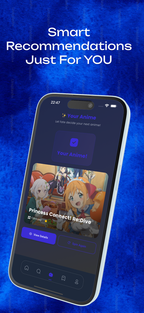 The Homura Animes app interface displaying a smart recommendation for Princess Connect Re Dive with a spin again button