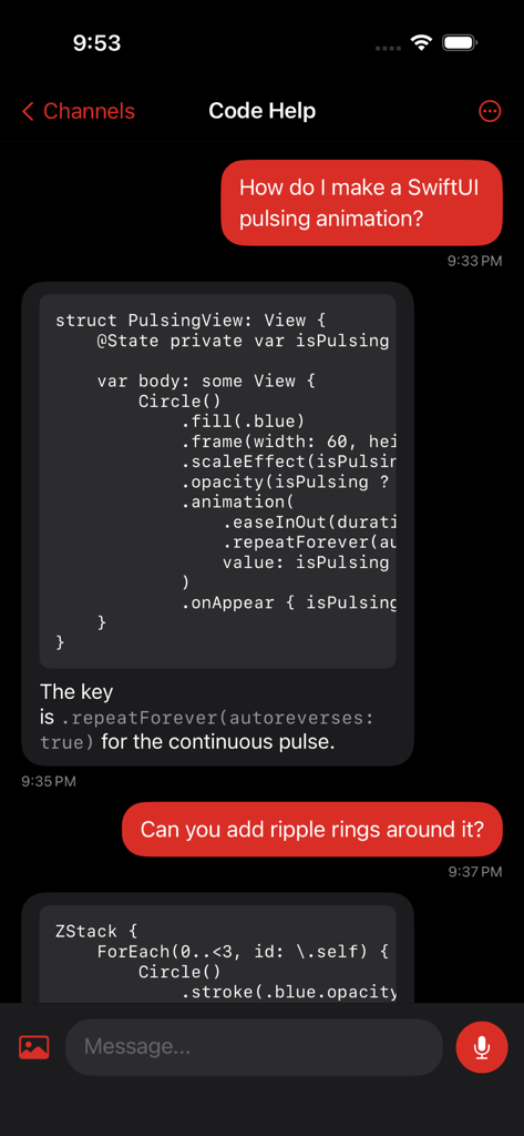 ClawTalk iOS app interface showing a chat with an AI agent providing SwiftUI code for a pulsing animation