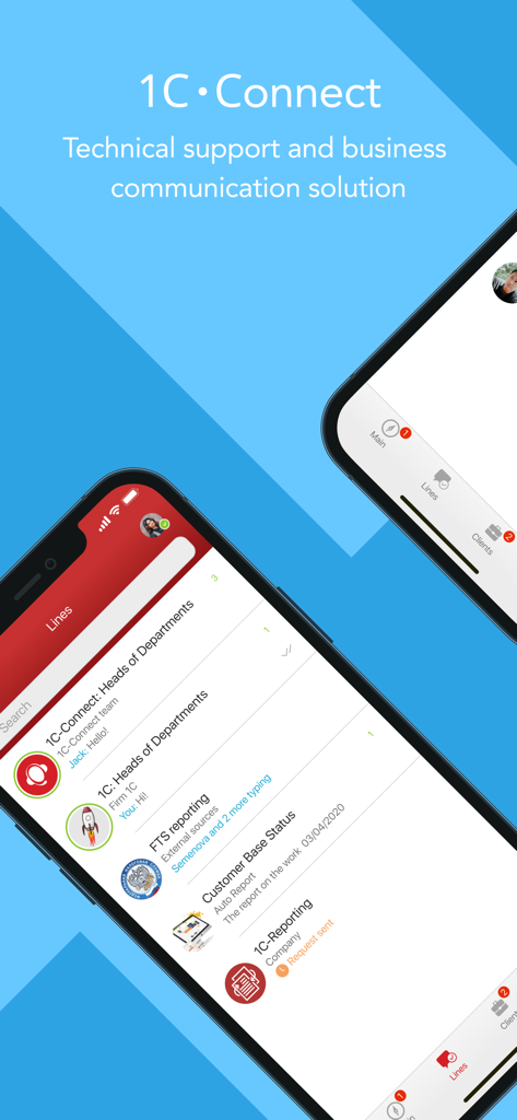 Pantalla de la aplicación 1C-Connect que muestra líneas de soporte técnico y comunicación empresarial