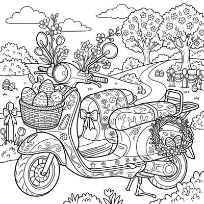 Embrace the joy of spring with this delightful Easter-themed scooter coloring page, specially designed for seniors. Enjoy clear, bold lines and a charming scene filled with bunnies, eggs, and blooming flowers for a relaxing creative escape.
