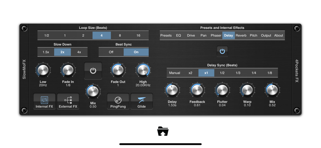 SlowMoFX - User interface of the SlowMoFX AUv3 plugin displaying halftone effect controls and internal delay settings