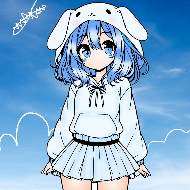 pretty anime girl wearing a fluffy hoodie with bunny ears on the hood and a skirt