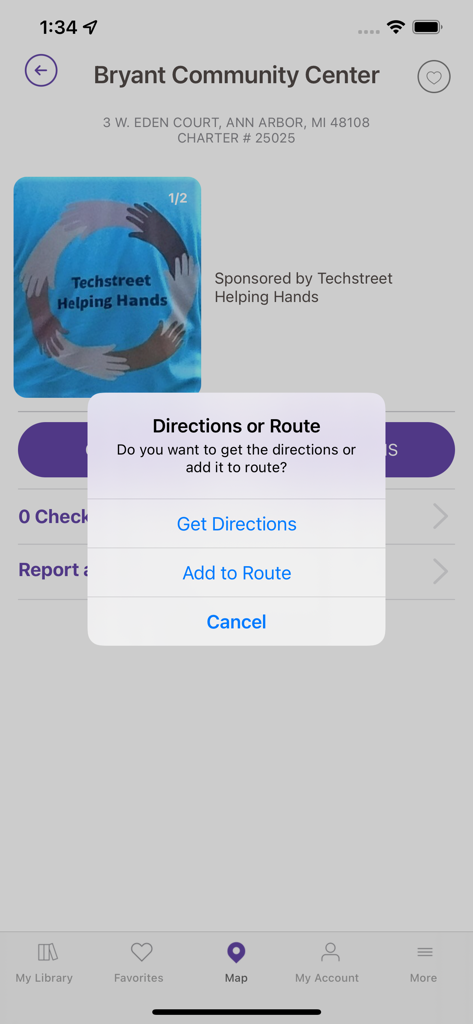 Little Free Library - Interface de l'application Little Free Library montrant les options de direction et d'itinéraire pour une boîte à livres