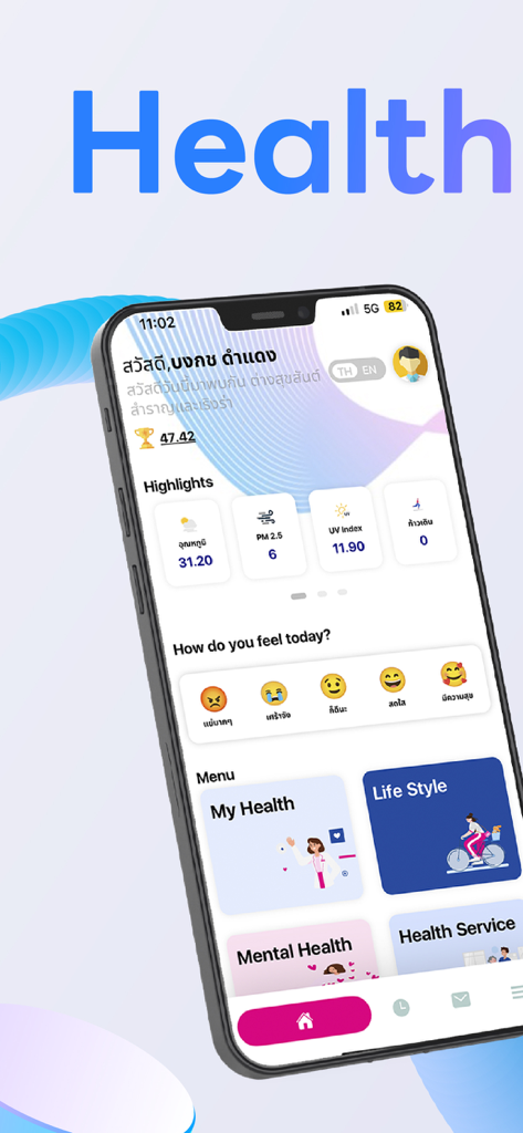 HealthMeter mobile app interface featuring a personal health dashboard with environmental data and mood tracking