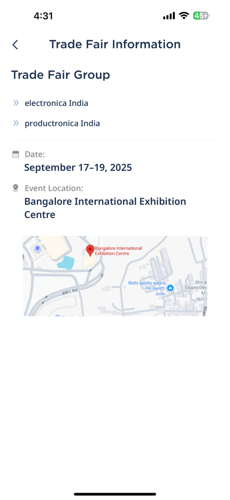 MMI One - Tela do aplicativo MMI One exibindo informações da feira, incluindo datas, local e um mapa para a electronica India