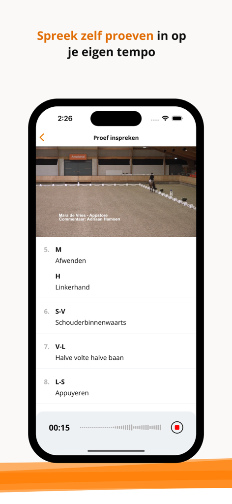 KNHS Dressuurproeven - A mobile app screen showing a dressage test recording feature with a video and exercise list