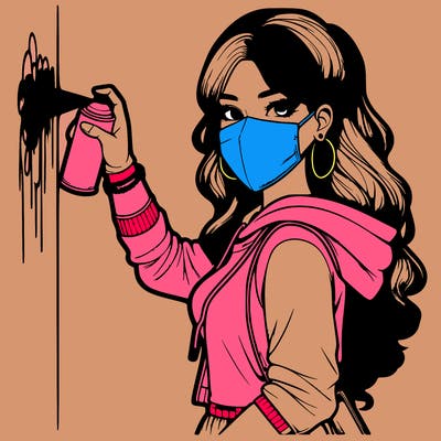 realistic girl with mask spray painting a wall