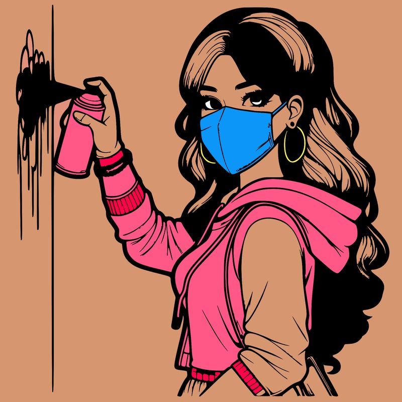 realistic girl with mask spray painting a wall