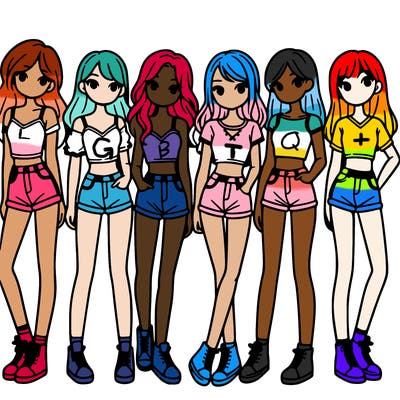 a group of girls wearing crop tops and shorts