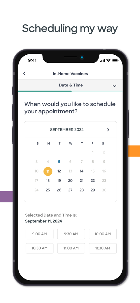 A mobile interface for scheduling an in-home vaccine appointment showing a calendar and available time slots