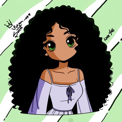 a black anime girl with long afro hair