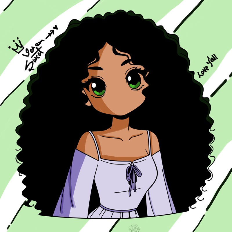 a black anime girl with long afro hair