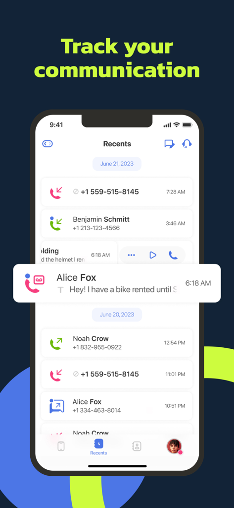 Screenshot of the MightyCall Call Center app recents screen showing business call history and voicemail notifications