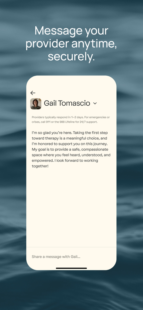Grow Therapy - Grow Therapyアプリのセキュアメッセージングインターフェース。セラピストからのメッセージを表示。