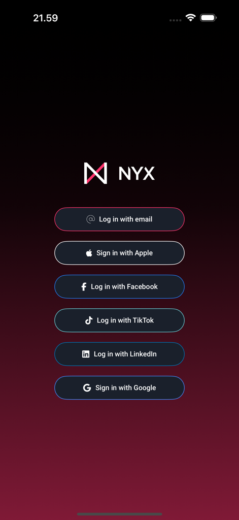 Nyx - nightlife platform - Login screen of the Nyx nightlife platform app showing options to sign in with email, Apple, Facebook, TikTok, LinkedIn, and Google.