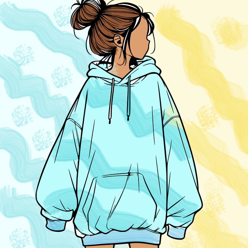 realistic girl with a oversized sweatshirt on and a bun