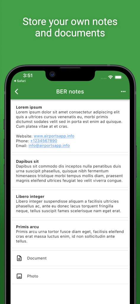Airports - Ein Screenshot der Airports App, der die Funktion für benutzerdefinierte Notizen und Dokumentenspeicherung für Piloten zeigt