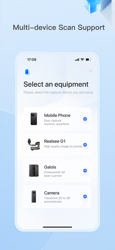 Realsee 3D virtual tour - Interfaz de la aplicación móvil que muestra opciones para seleccionar equipos de escaneo, incluido teléfono móvil, Realsee G1, escáner láser Galois y cámaras 3D.