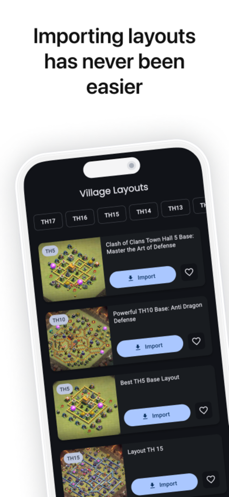 Tela do iPhone exibindo o aplicativo Coc Studio com vários layouts de vilas de Clash of Clans para diferentes níveis de Centro de Vila