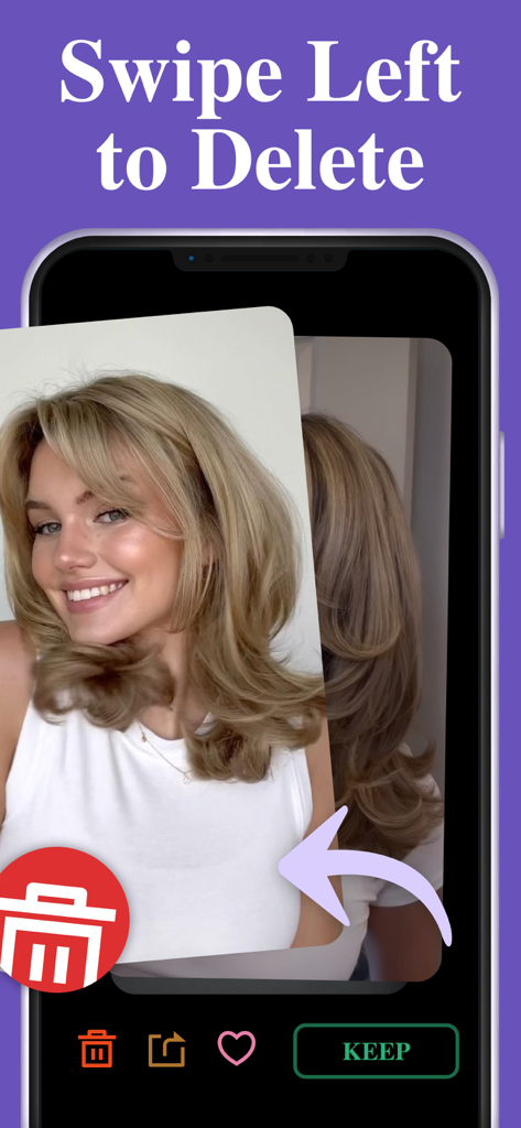 Mobile app interface showing the swipe left gesture to delete photos and clean camera roll storage