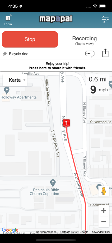 Mapapal -Real Time GPS Tracker - Interfaz de la aplicación Mapapal que muestra un seguimiento de viaje en bicicleta en tiempo real con métricas de velocidad y distancia en un mapa