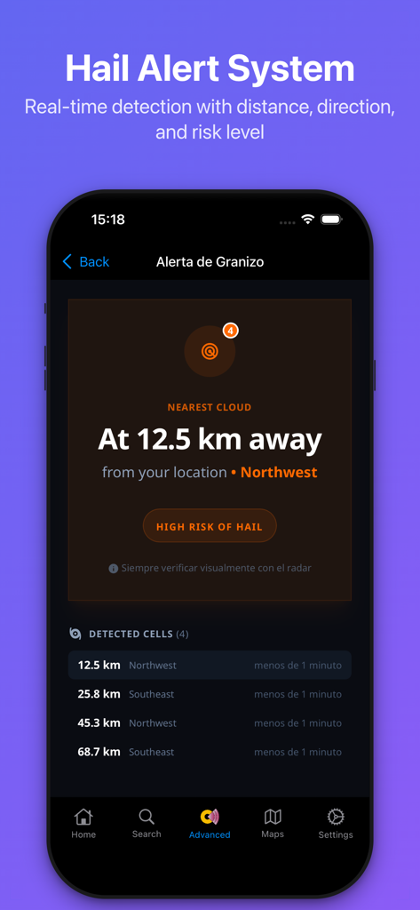 Contingencias - Interfaz de la aplicación Contingencias que muestra una alerta de granizo en tiempo real con distancia y nivel de riesgo