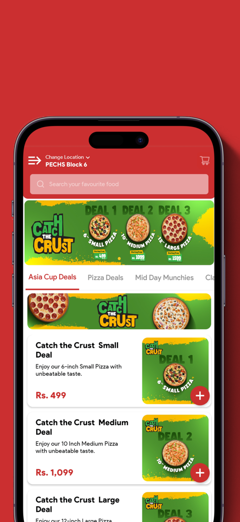 Schermata dell'app mobile California Pizza PK che mostra le offerte di pizza per la Coppa d'Asia e Catch the Crust