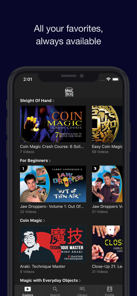 Master Magic Tricks - La biblioteca de videos de la aplicación Master Magic Tricks que muestra categorías de tutoriales para juegos de manos y magia con monedas