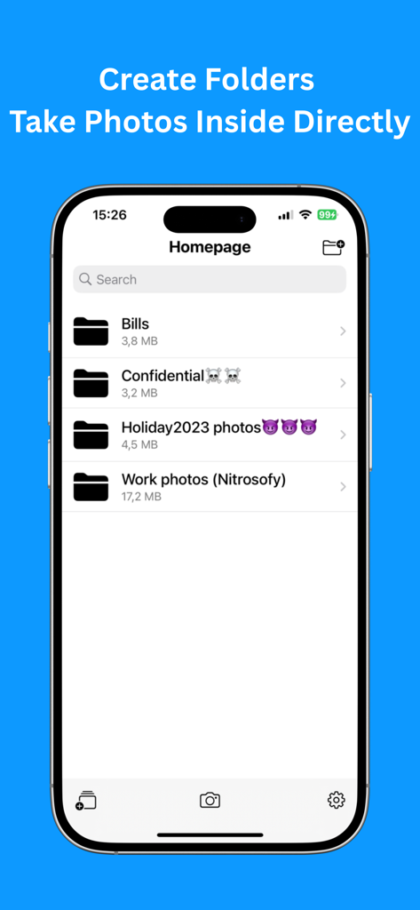 Photo Folderアプリの請求書や機密情報などの整理された写真フォルダーを表示するiPhone画面