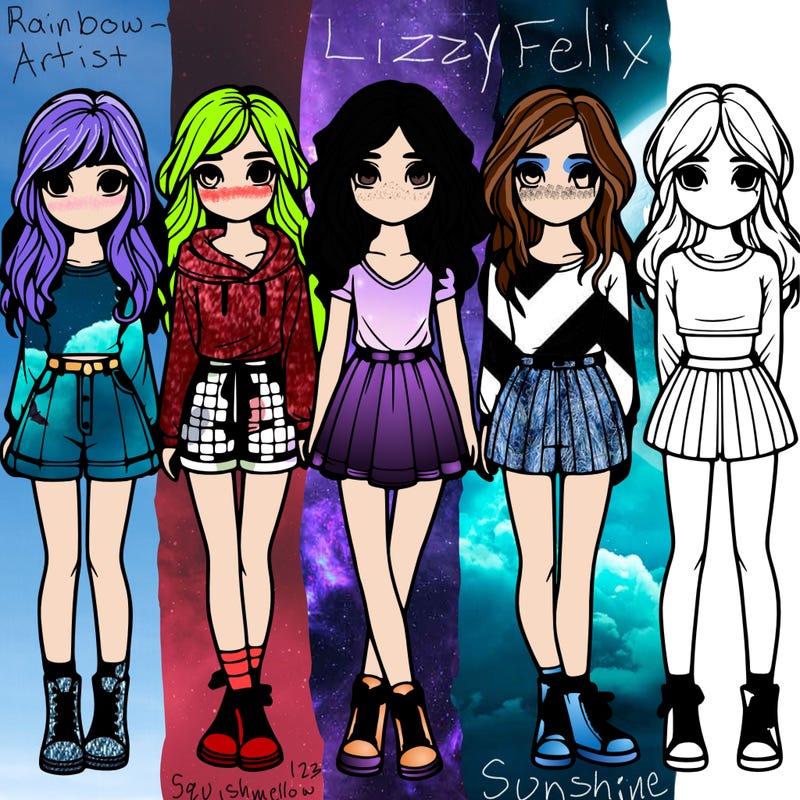 group of 6 realistic girls in a row