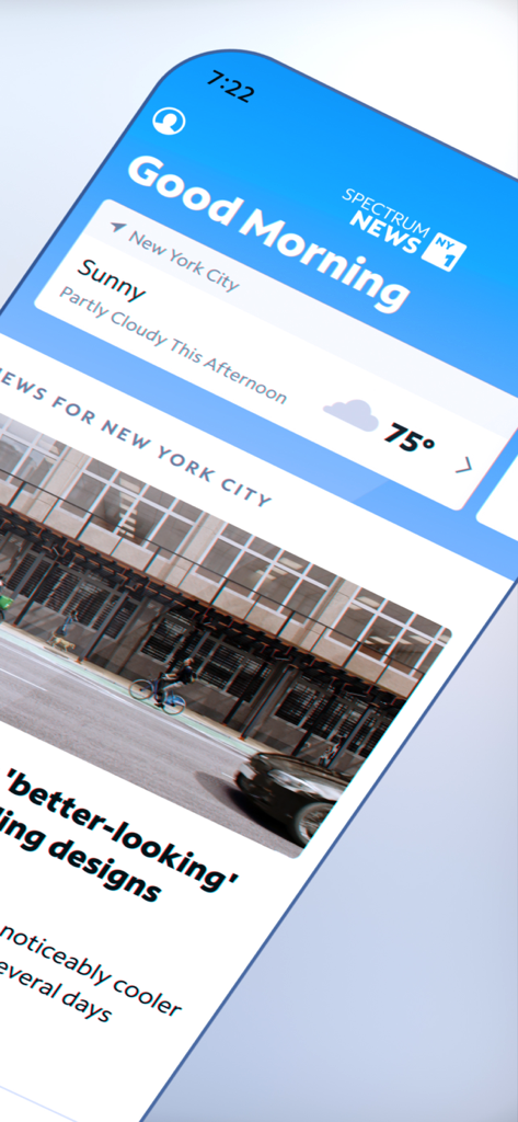 Spectrum News: Local Stories - Spectrum News app interface showing New York City weather and local news stories