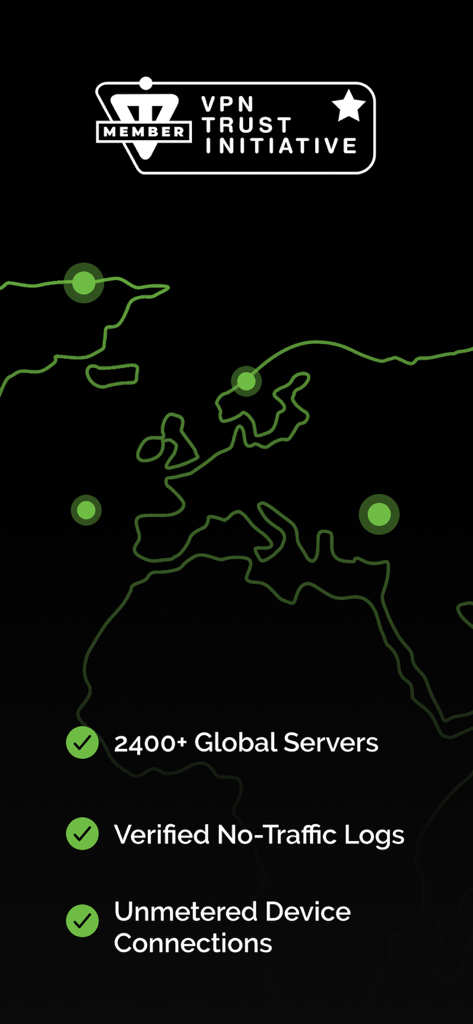 Interface VPN IPVanish mostrando mais de 2400 servidores globais e política verificada de não registro de tráfego