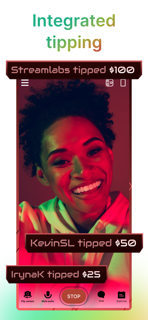 라이브 모바일 스트림에서 통합 팁 알림을 받는 크리에이터를 보여주는 Streamlabs 앱 인터페이스