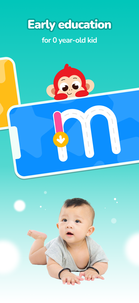 Early education app for infants featuring letter tracing activity and a cartoon monkey