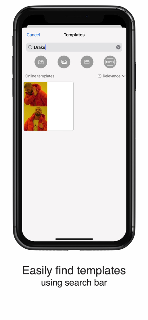 Interface de recherche dans l'application Meme Generator montrant une recherche de modèles de mèmes Drake.