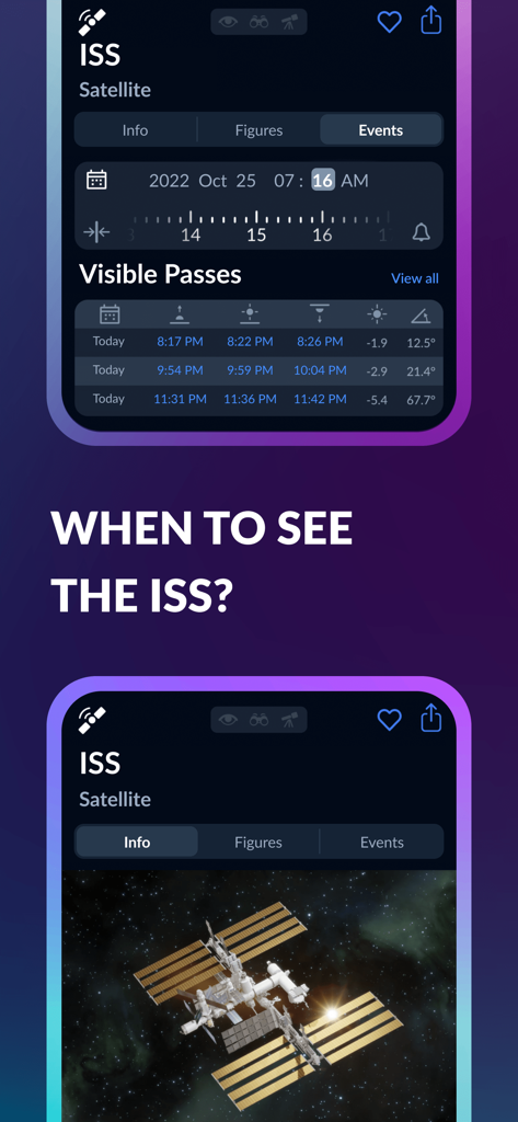 Sky Tonight app screen showing International Space Station visibility schedule and 3D satellite model