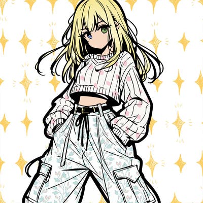 anime teen girl with baggy pants and crop top with sweater