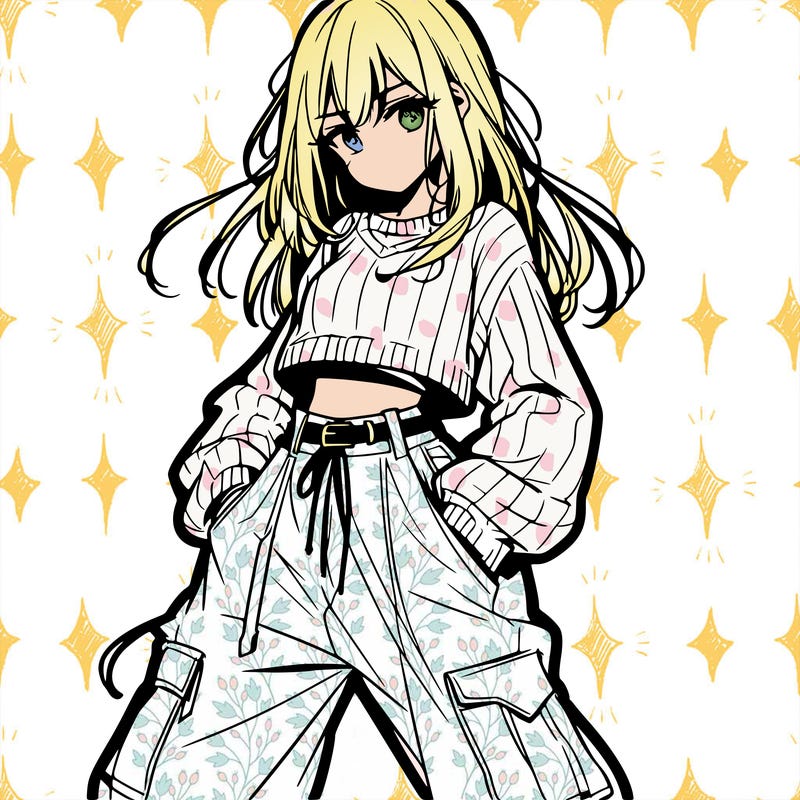 anime teen girl with baggy pants and crop top with sweater