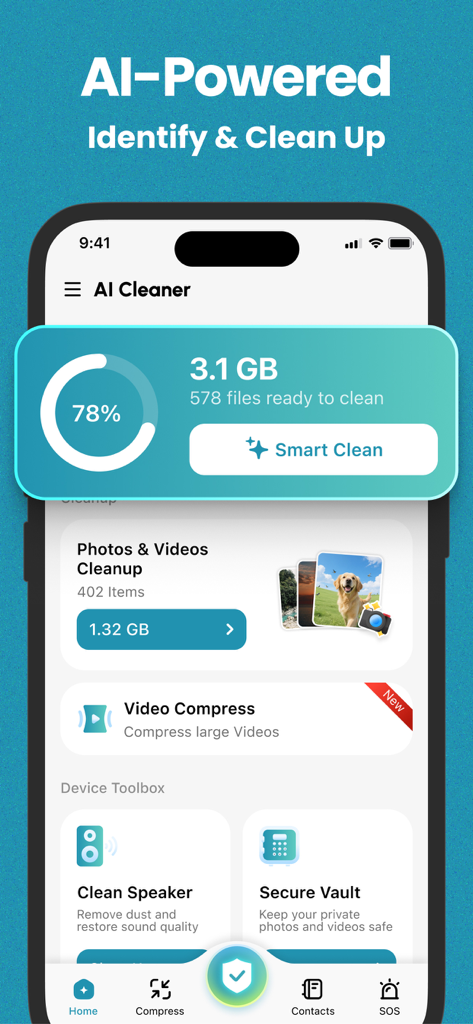 AI Cleaner app interface showing storage analysis and cleanup options on an iPhone