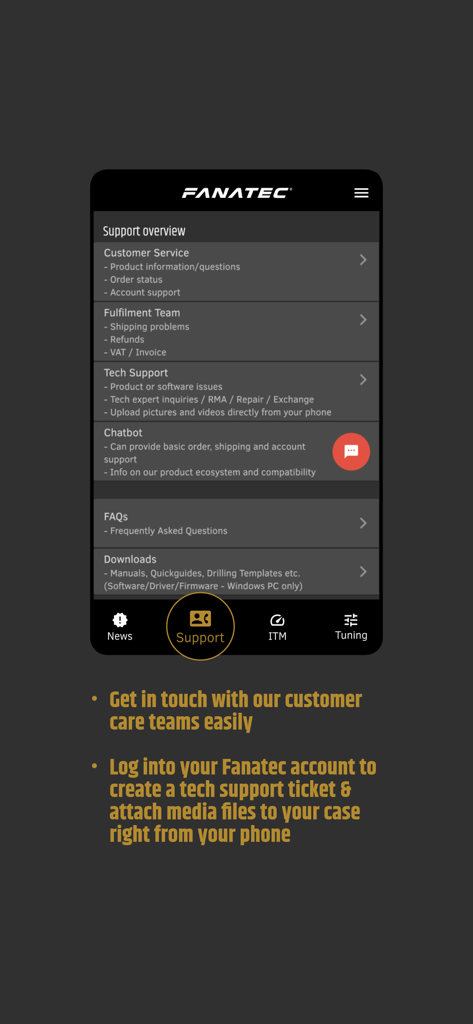 Fanatec App - Fanatec App support overview interface showing customer service tech support and chatbot options