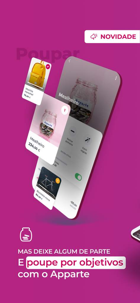 Millenniumbcp mobile app screen showing the Apparte feature for setting and tracking savings goals with a digital money jar and purchase objectives.